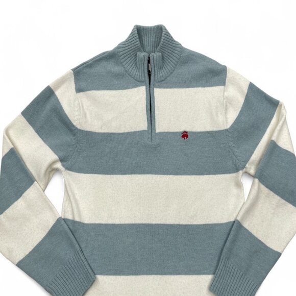 Brooks Brothers Men's Blue White Stripe Zip Collar Lamb Wool Sweater XL Slim Fit - Picture 3 of 9